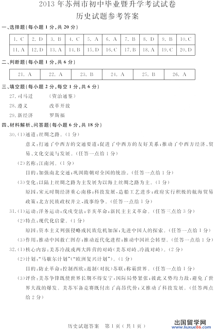 江苏苏州2013年中考历史答案（图片版）