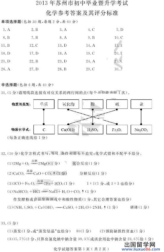江苏苏州2013年中考化学答案（图片版）