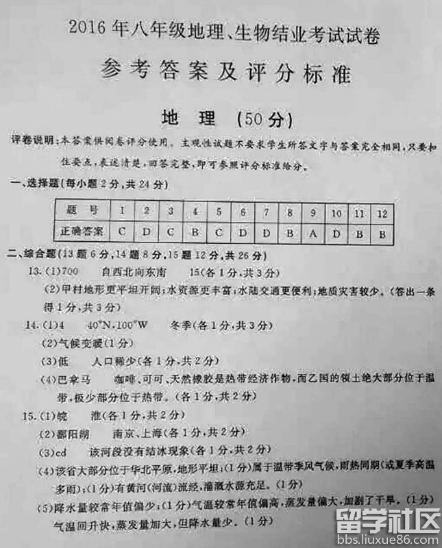 2016包头中考地理试题及答案(图片版)