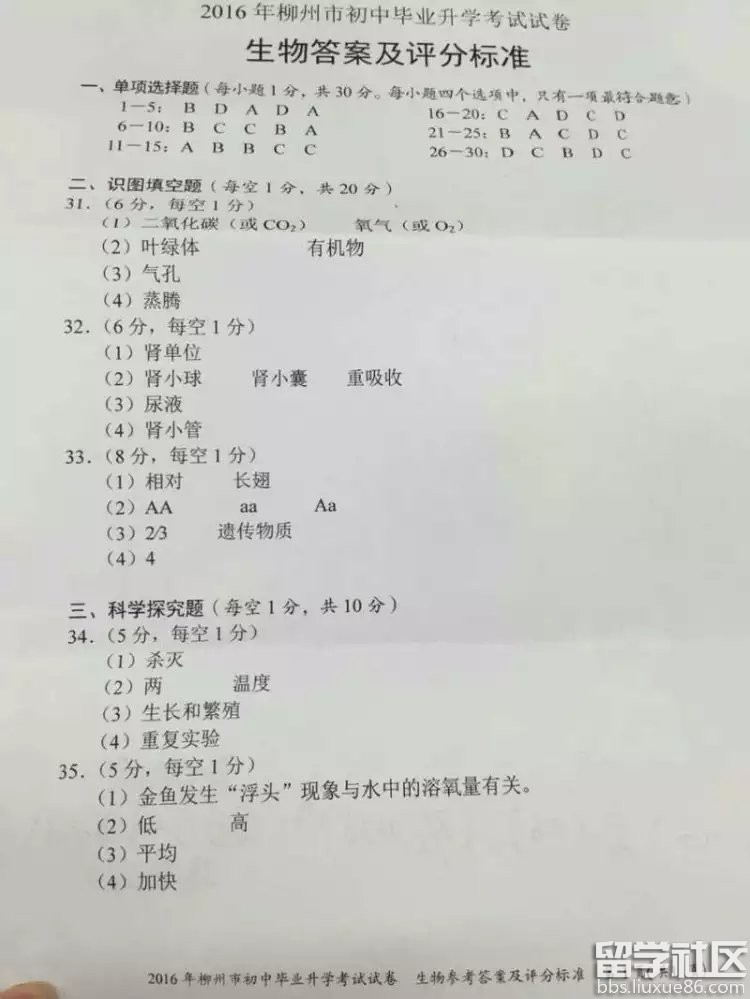 2016柳州中考生物试题及答案(图片版)