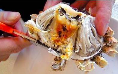 5,用勺柄将蟹身中间一个呈六角形的片状物挑出来,那是蟹心部分,丢弃