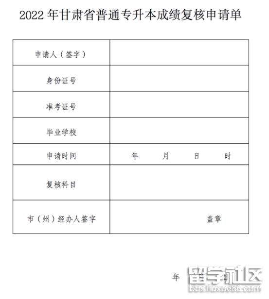 《2022年甘肃省普通专升本成绩复核申请单》